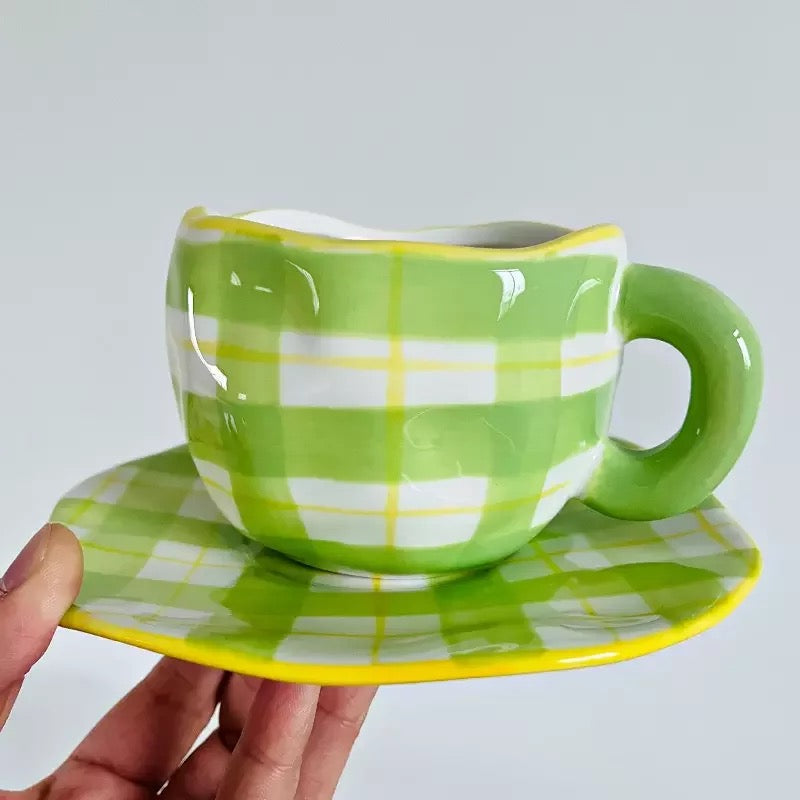 Irregular ceramics mug and saucer set